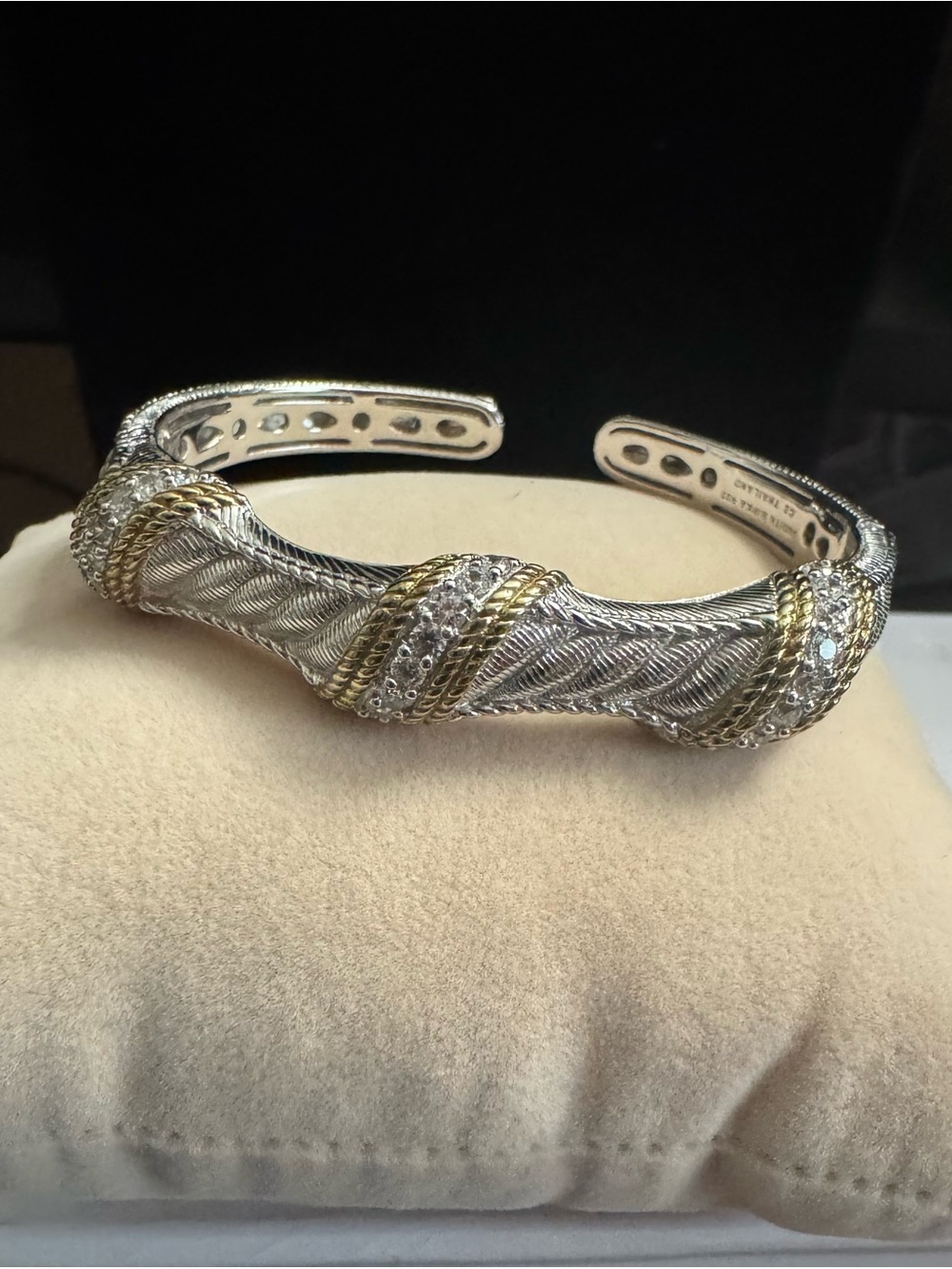 Judith Ripka 925 Silver Braided Cuff Bracelet w/Gold Texture Trim & Diamonique - Picture 8 of 13